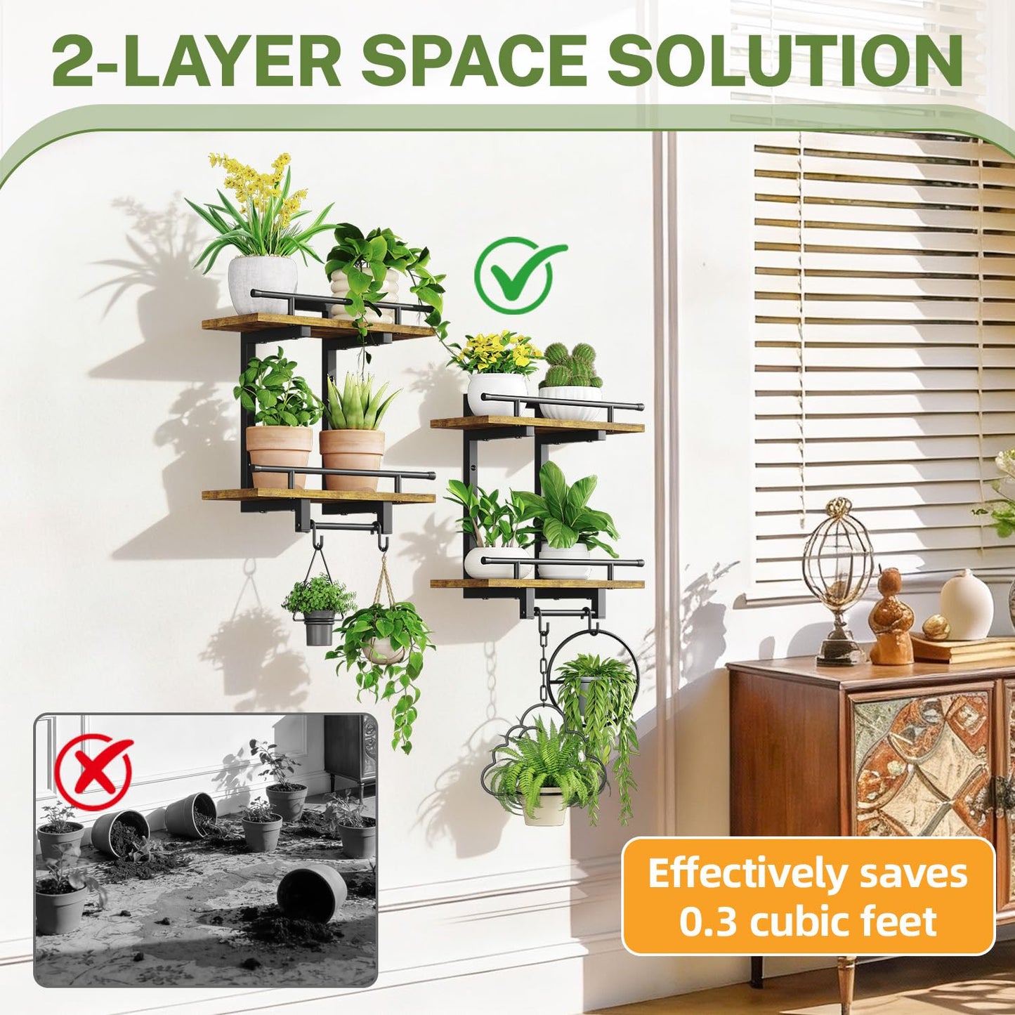 iDavosic.ly Wall Plant Holder Set of 2, 2 Tier Indoor Floating Shelves with 4 Hooks for Hanging Plants, Wall Mounted Space Saving Display Stand for Living Room Bedroom (Pots/Chains Not Included)