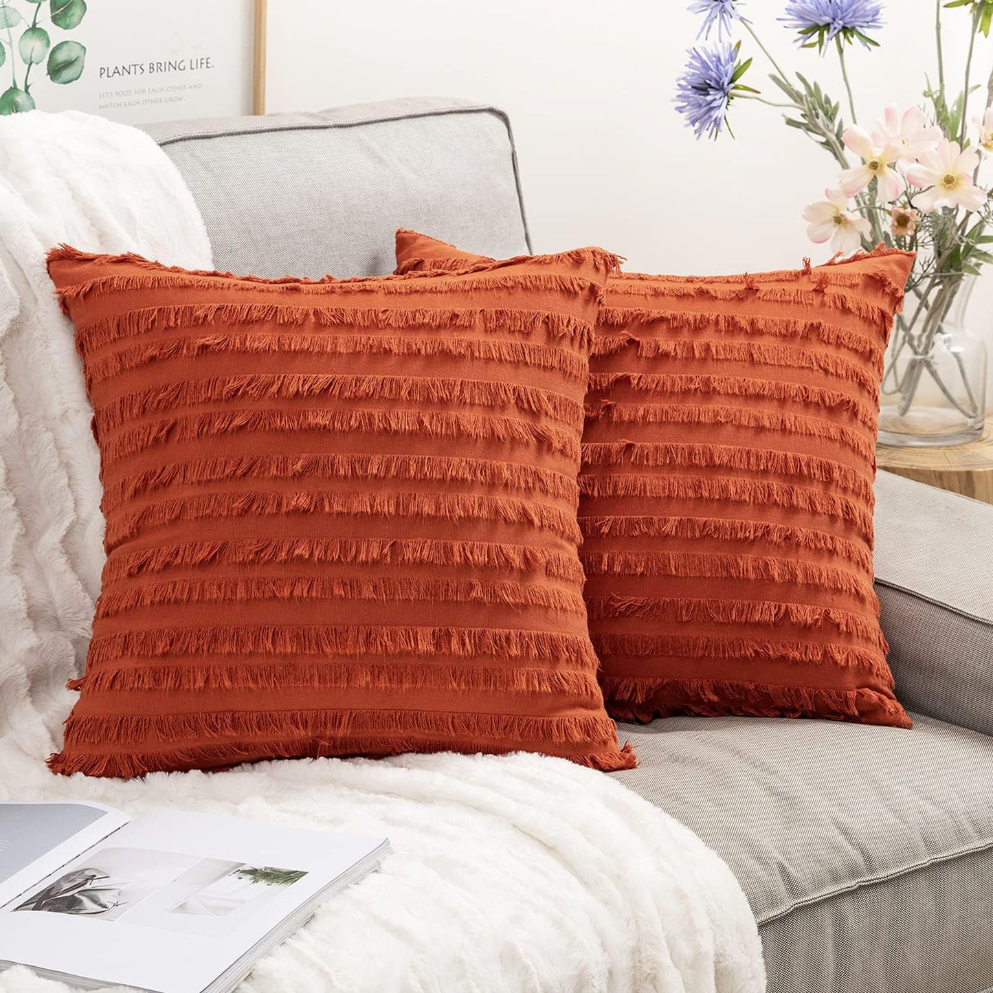 MIULEE Set of 2 Mustard Yellow Throw Pillow Covers Decorative Boho Spring Linen Striped Jacquard Pattern Cushion Covers for Spring Sofa Couch Living Room Bedroom 20x20 Inch