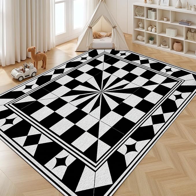 Black and White Checkered Rug, Checkered Rug, Modern Geometric Pattern Carpet, Retro Machine Washable Non Slip Area Rugs, Contemporary Rugs for Living Room/Bedroom 4x5