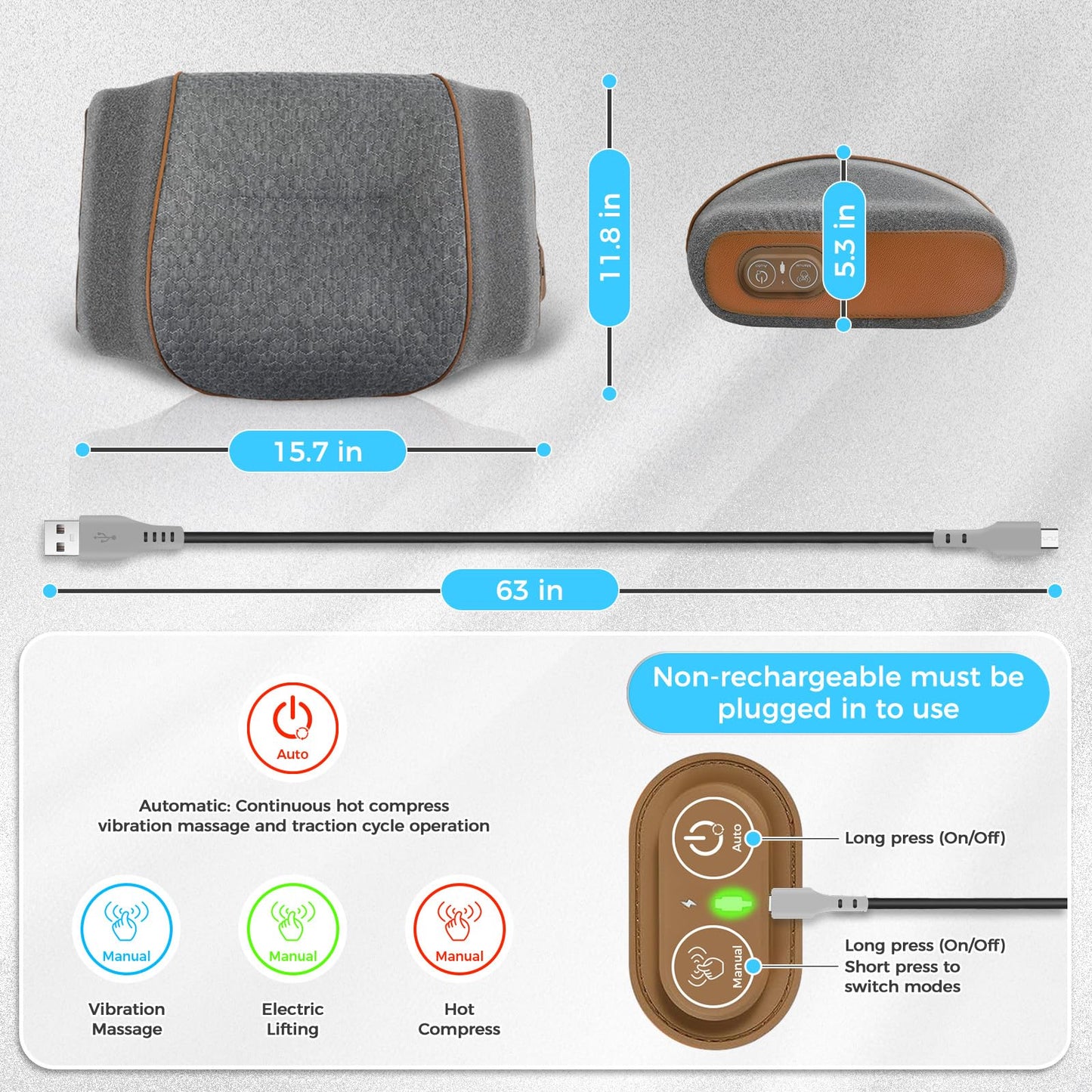 HMEEN 3 in 1 Neck Massager Pillow with Heat,Vibration & Airbag Traction - Neck Stretcher with Auto/Manual Modes, 30-Min Timer - Cervical Massage Pillow for Neck Relaxation and Decompression