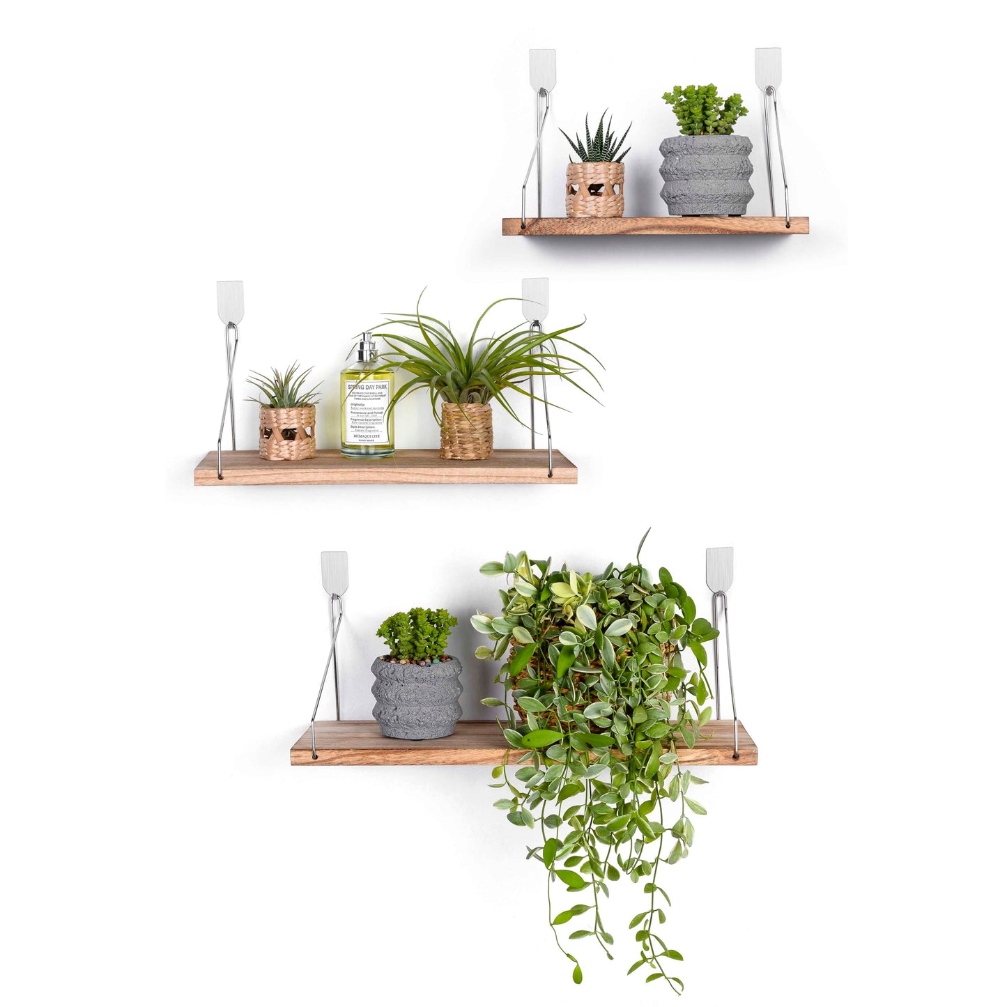MITIME Floating Shelves Set of 3 Rustic Solid Wood Floating Shelf Wall Storage Shelves for Living Room, Bedroom, Bathroom, Kitchen Laundry, Office,no Drill Shelf (Light Color L+M+S)