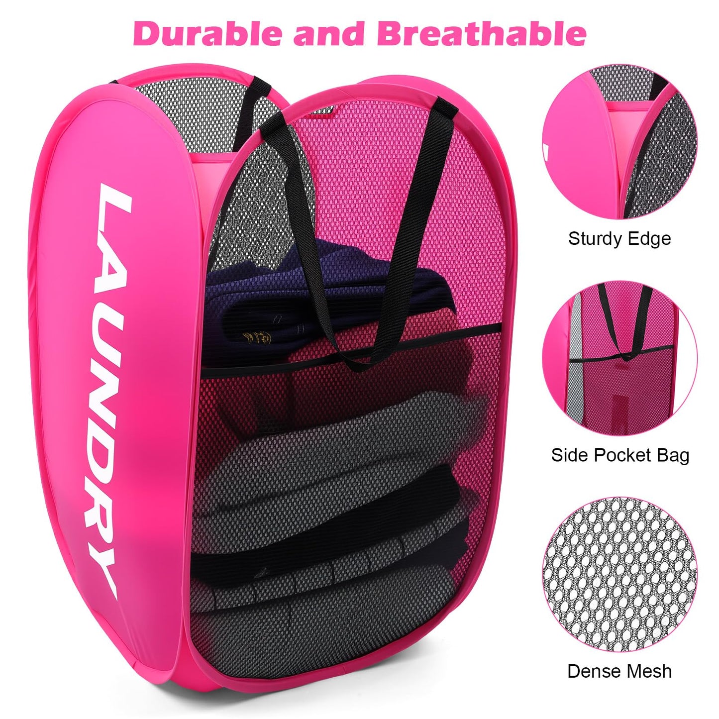 MBAIYO 4 Pack Foldable Mesh Pop Up Laundry Hamper with Handles, Collapsible Laundry Basket Extra Large Clothes Hamper with Large Side Pocket for Teen Room College Dorm Travel(23 x 14.2 x 14.2 inch)