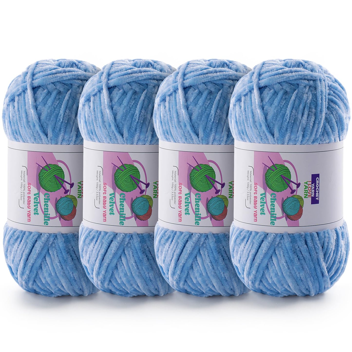 4 Skeins Soft Chunky Chenille Yarn, Plush Velvet Yarn for Hand Knitting and Crocheting, Fluffy Yarn for Crochet Blankets, Scarves, Hats（4×3.5oz, 4×131.2yds） (Light Blue)