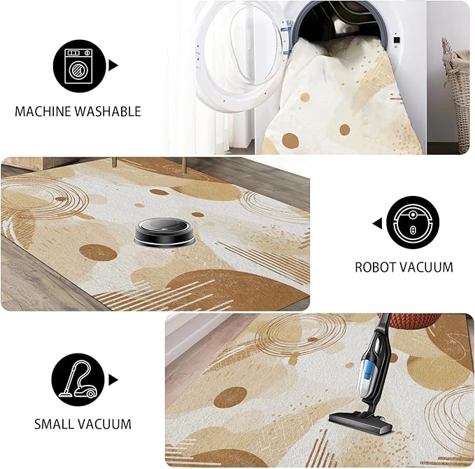 Minimalist Abstract Area Rug 7x10 Beige Boho, Modern Washable Geometric Art Carpet, Soft Non-Slip Low-Pile Carpet for Living Room, Bedroom, Kitchen, Dining Room, Pet Friendly, Non-Shedding, Brown
