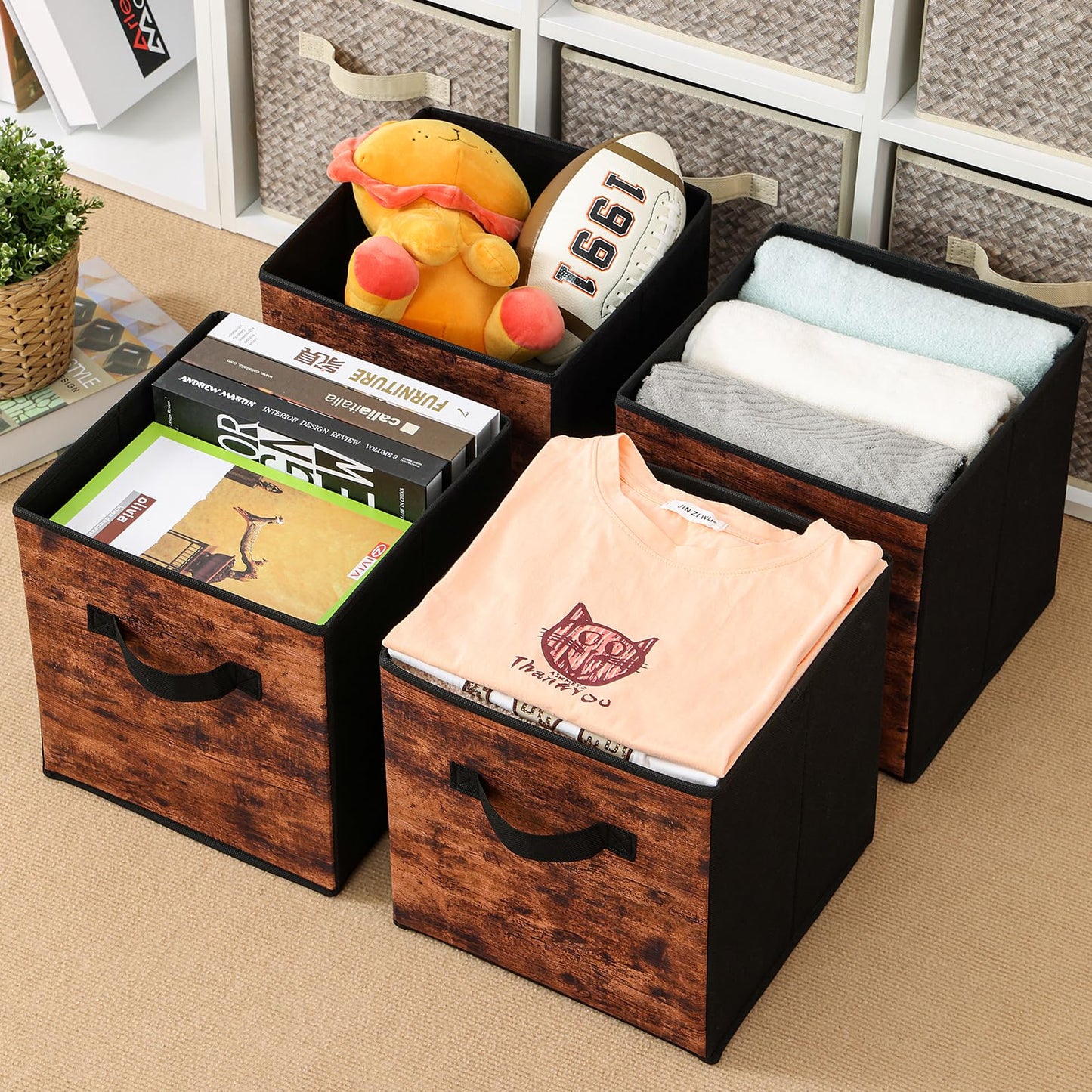 Stero Fabric Storage Cubes, 6 Pack Foldable Storage Bins with Handle, 11 Inch Box for Shelves, Closet, Organizer, Rustic Brown and Black