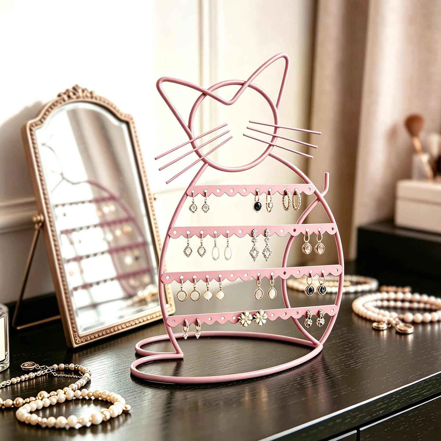 Urban Deco Jewelry Organizer Stand Cat Shaped Earring Holder Organizer Metal 48 Stud Earring Holes Jewelry Holder, Metal Jewelry Display Vanity Organizer For Girls - Macron Pink