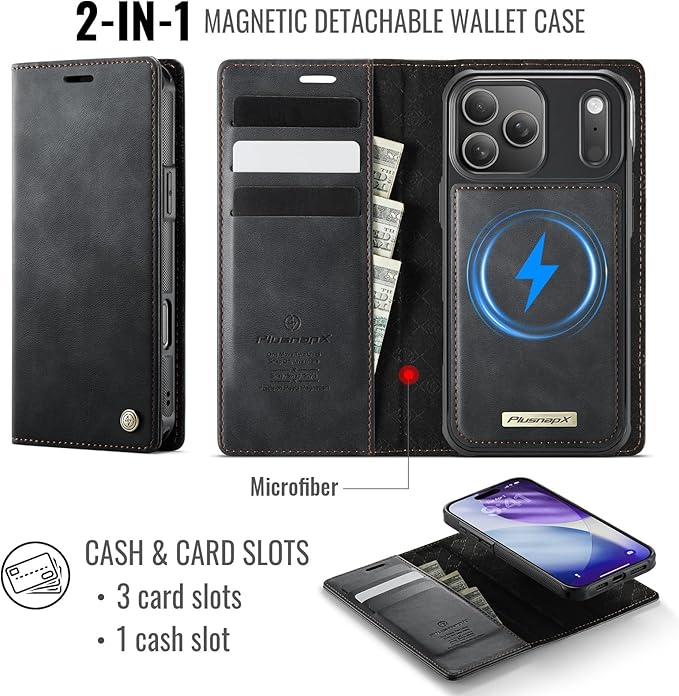 PlusnapX Wallet Case for iPhone 17 Pro Max Compatible with Magsafe, 2-in-1 PU Leather Flip RFID Blocking Card Holder Stand Shockproof Magnetic Detachable Cover for iPhone 17 Pro Max Case 6.9", Black