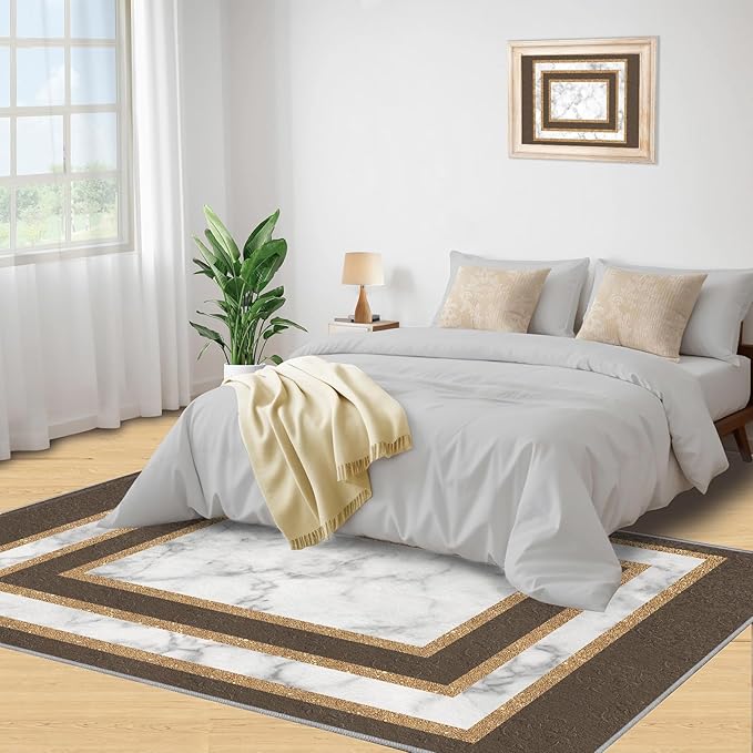 Marble Texture Area Rugs Rectangular Geometric Rug Gray White Marble Carpet Luxury Rug with Gold Accents Modern Minimalist Geometric Rugs for Bedroom Living Room 6x8ft
