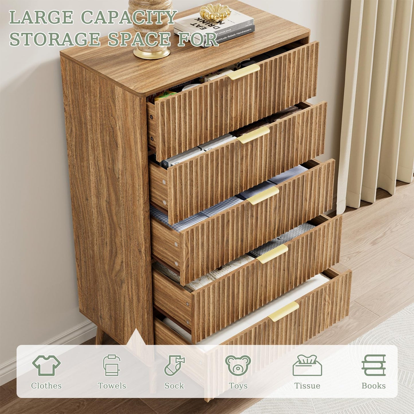 LYNSOM Fluted 5 Drawers Dresser, 45" Tall Modern Chest of Drawers with Curved Profile Design and Metal Handle, Wood Drawer Organizer for Bedroom, Living Room, Hallway, Entryway, Walnut