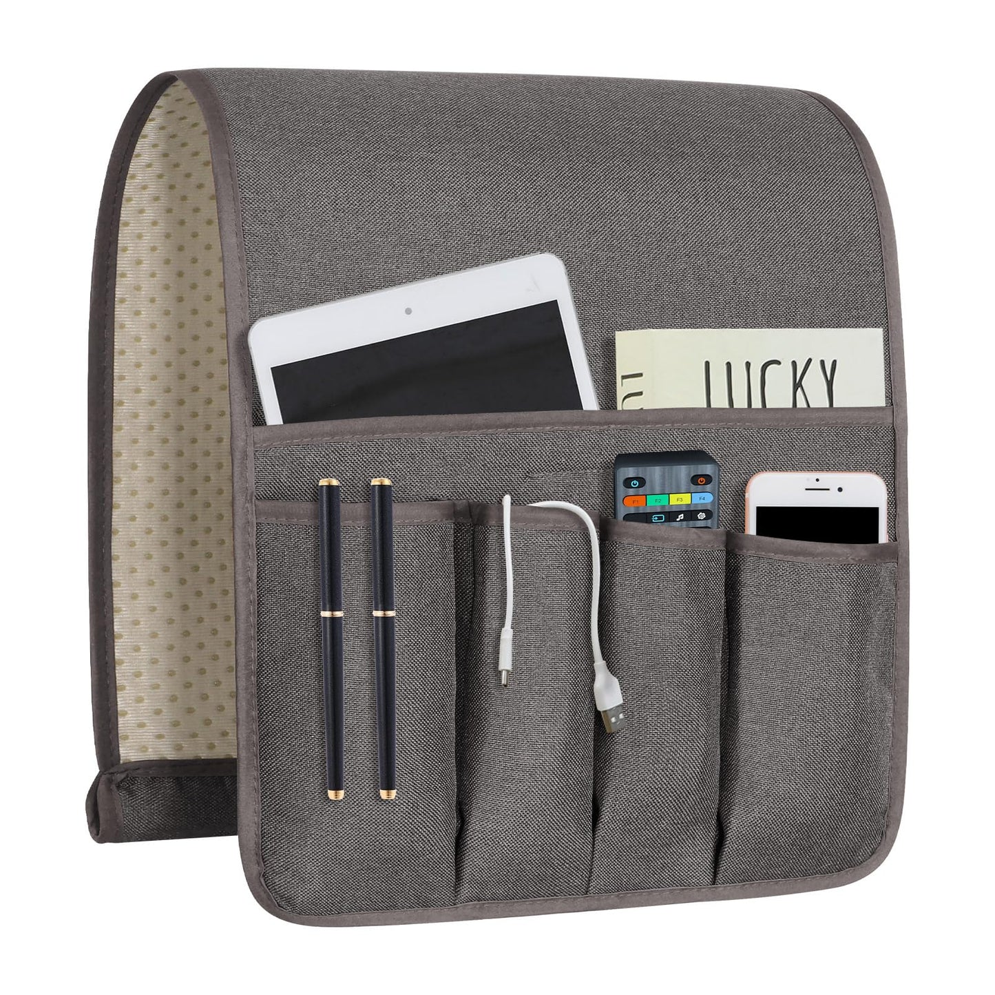 NB Remote Control Holder，Bedside & Armchair & Couch Caddy with Non-Slip Base，5 Pockets Oxford Fabric Bed Desk Storage Pocket for Phone Tablet Kindle Magazines，Gifts for Seniors (Dark Grey, 35"X12.4")