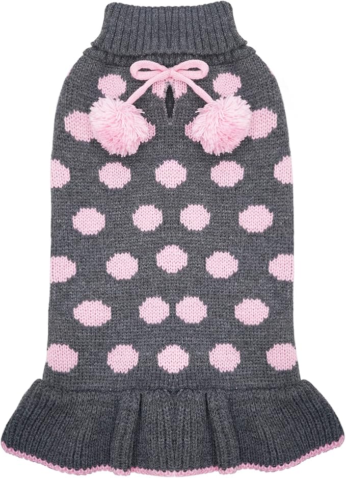 KYEESE Dog Sweaters with Leash Hole Small Turtleneck Dog Sweater Dress for Girl Polka Dot Knit Warm Pet Clothes with Pom Pom Ball