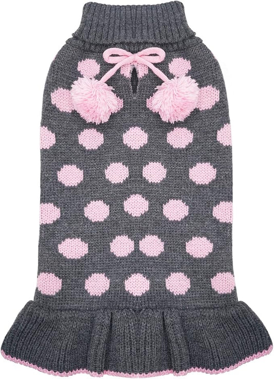 KYEESE Dog Sweater Dress Polka Dot Dog Sweater for Girl with Leash Hole Knit Warm Dogs Clothes with Pom Pom Ball for Fall Winter