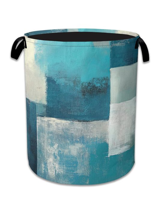Turquoise Grey Abstract Art Painting Laundry Basket,Foldable Oxford Cloth Geometric Laundry Hamper with Handles, 20.8"x16" Tote Bag Clothes Storage Bucket for Laundry Room/Bathroom/Bedroom/Dormitories
