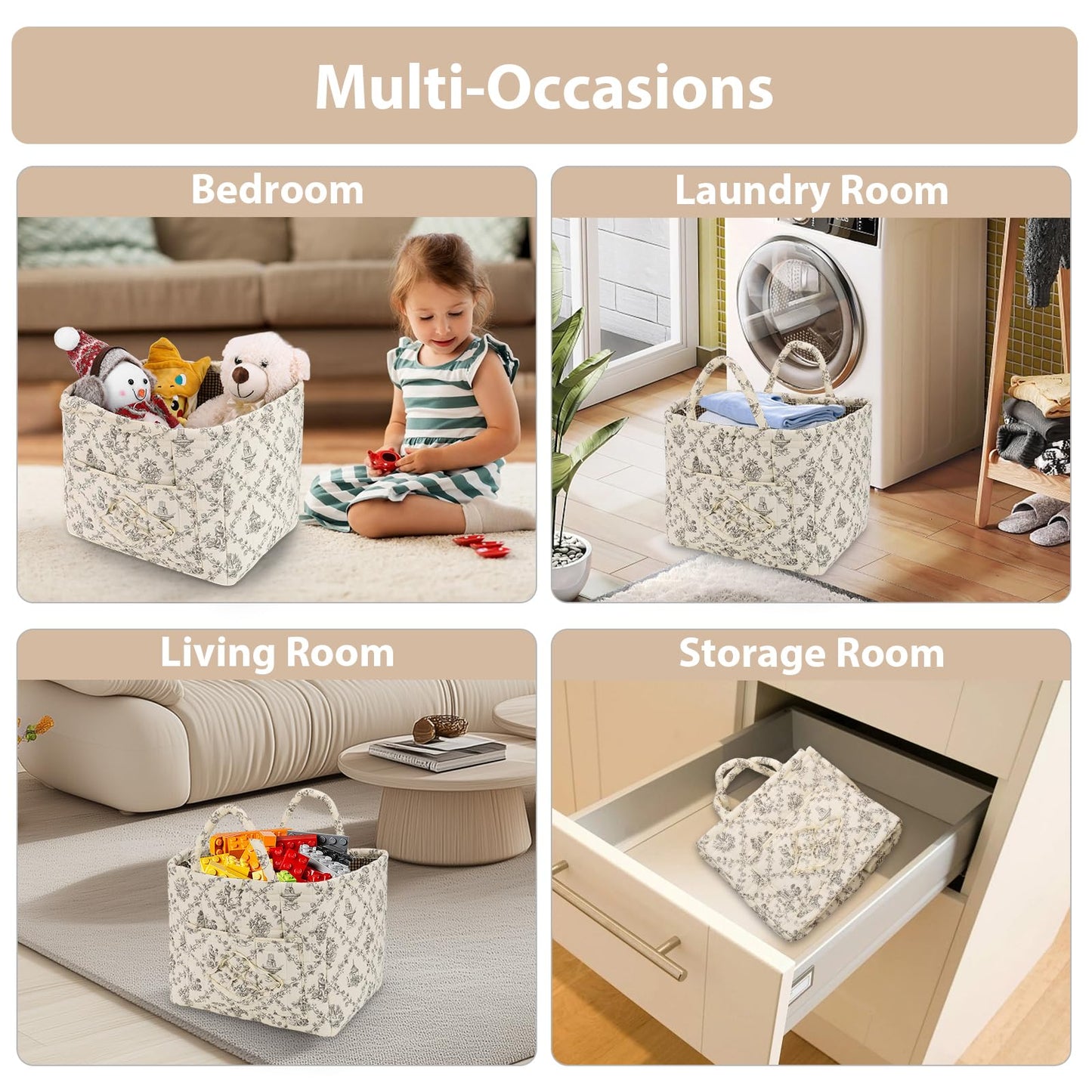 Storage Basket Boho Fabric Large Collapsible Floral Laundry Nursery Hamper Portable Folding Storage for Clothes Toys (Vine-Coffee)