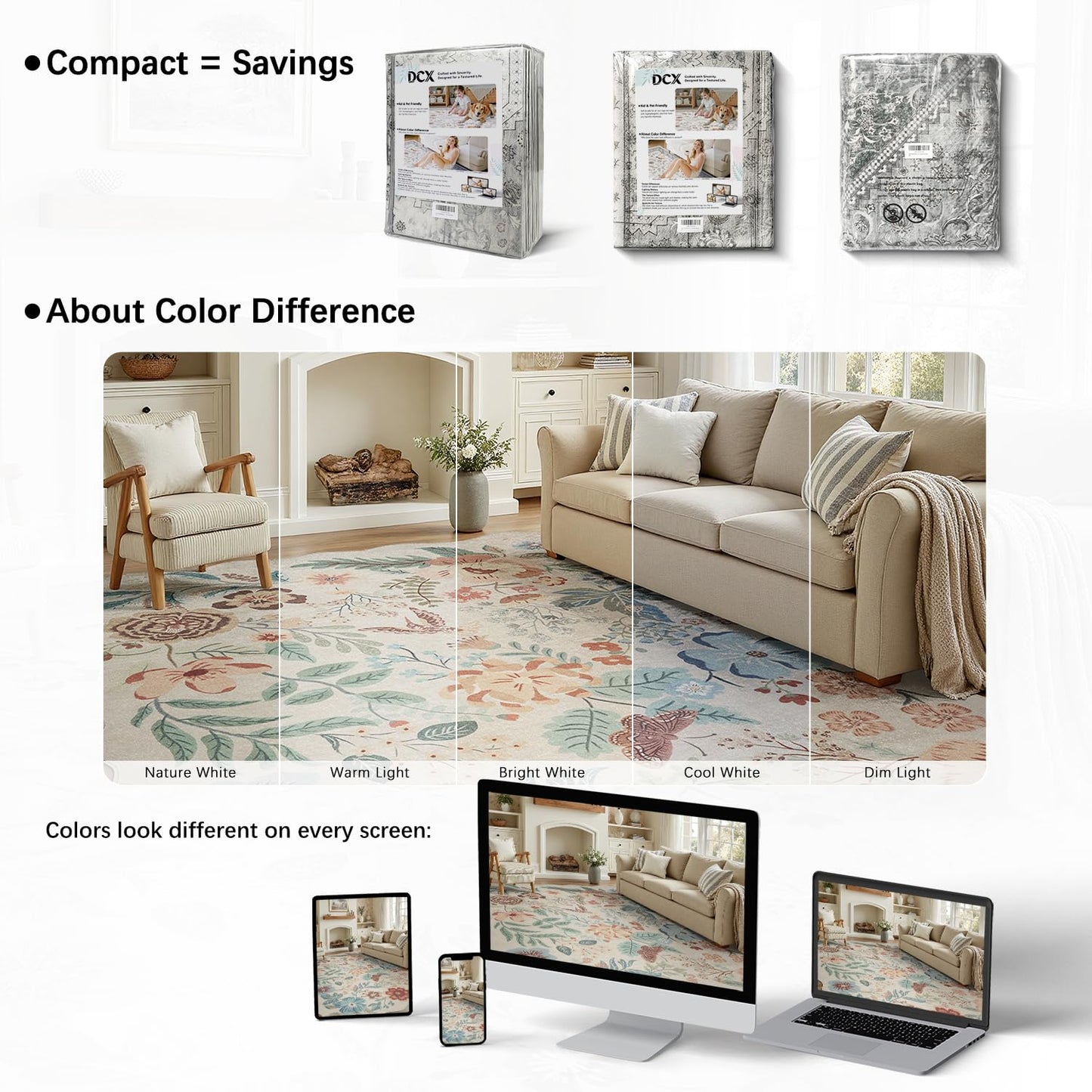 DCX Beige Floral Rug 5x7, Washable Beige Rug for Living Room, Kid & Pet Friendly with Rubber Back Non Slip, Soft Low Pile Carpet, Stain Resistant Rug for Bedroom, Nursery, Dining Room