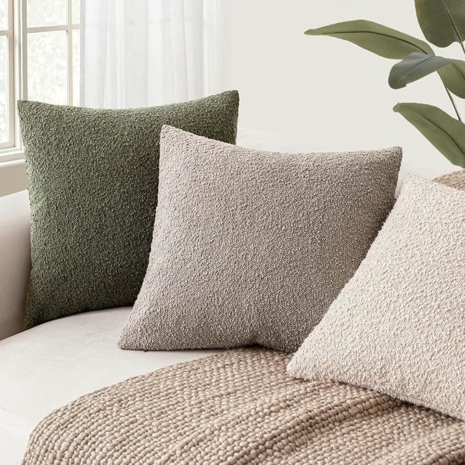 Foindtower Decorative Textured Boucle Throw Pillow Covers Accent Solid Pillow Cases Neutral Soft Cozy Couch Cushion Case for Chair Sofa Bedroom Living Room Home Decor 22x22 Inch,1PC,Light Taupe