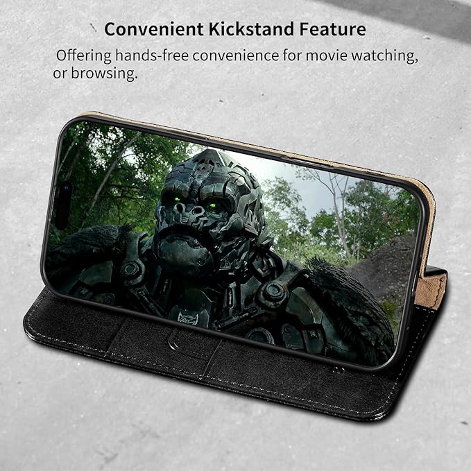 Belemay Leather Wallet Case Compatible with iPhone 17 Pro, Premium Cowhide Leather Two-Tone Effect, RFID Blocking Card Holders, Shockproof TPU Shell, Kickstand, Protective Flip Cover, 6.3", Black