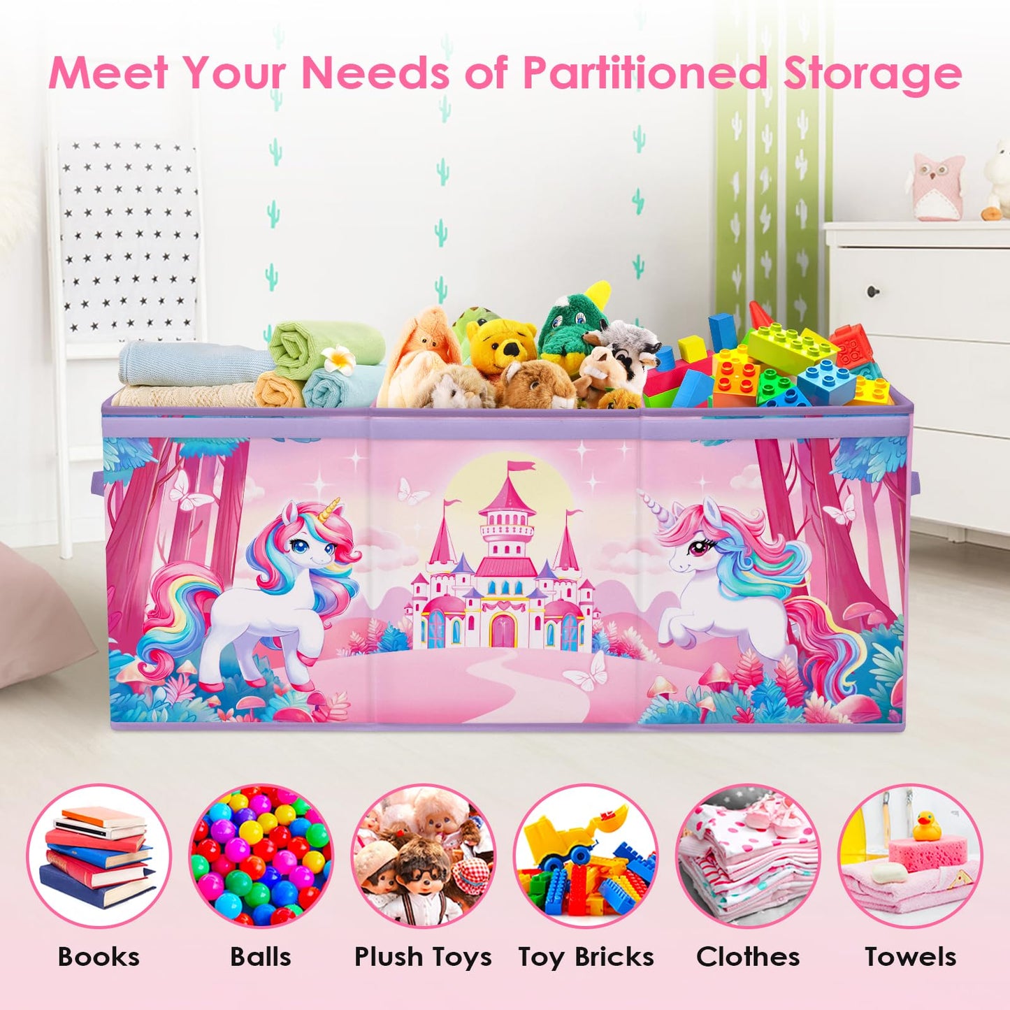 Large Toy Box Chest Organizer with Flip Lid for Kids, Collapsible Oxford Toy Storage Box with Handles for Boys Girls, Sturdy Waterproof Storage Organizer for Bedroom Playroom Nursery, 37.7×12.5×15.7''