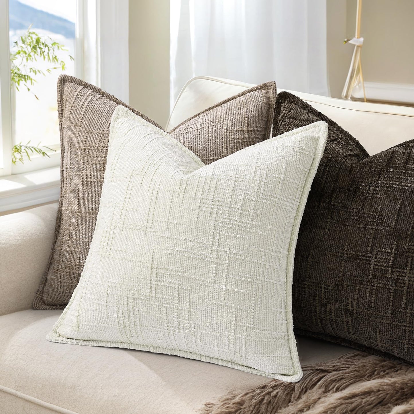 decorUhome Chenille Throw Pillow Covers 26x26 Set of 2, Soft Textured Slubby Modern Decorative Pillow Covers with Elegant Design for Couch, Sofa, Living Room, Cream White