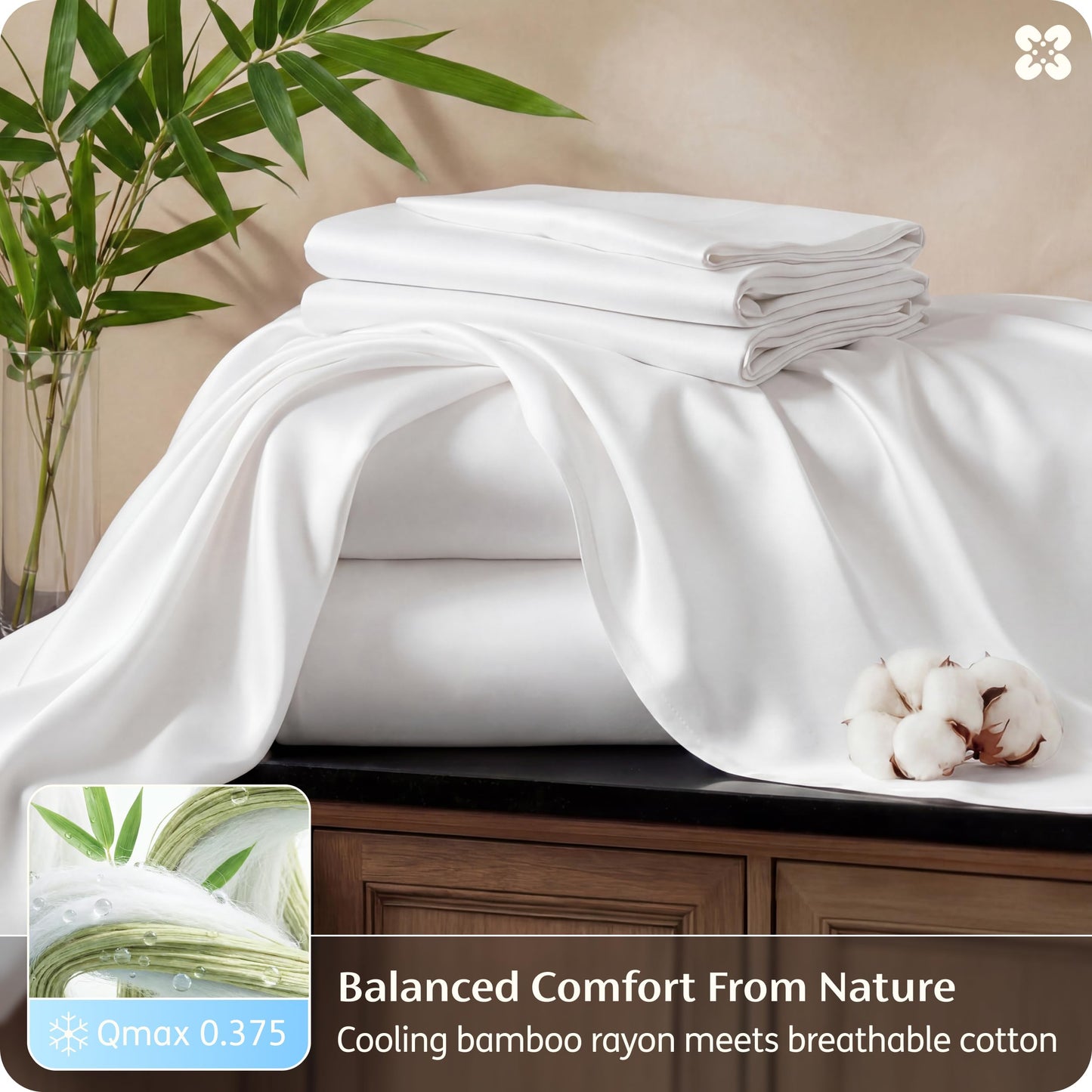 Bedsure Bamboo Viscose Cooling Sheets, Rayon Cotton Serene Blend, PureWoven, Breathable & Buttery Soft Queen Size Bed Set, Deep Pocket Up to 18", Hotel Luxury Bedding for Hot Sleepers, White