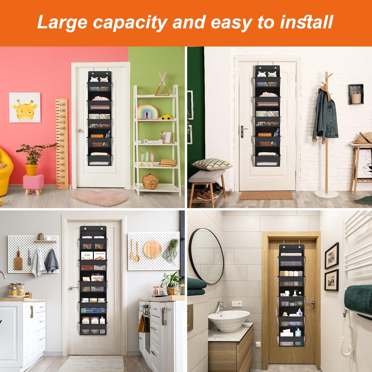 Fixwal Over Door Storage Organizer, 5-Shelf Wall Mount Upgrade Hanging Storage with 5 Large Pockets 10 Mesh Side Pockets for Pantry Bedroom Dorm Pantry Nursery Bathroom Diapers Clothes (Black)