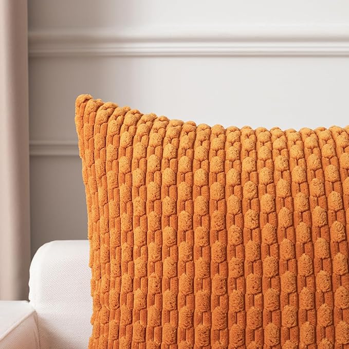 Kevin Textile Fall Throw Pillow Covers Soft Corduroy Decorative Set of 2 Boho Striped Pillow Covers Pillowcases Farmhouse Home Decor for Couch Bed Sofa Living Room 24x24 Inch Orange Yellow