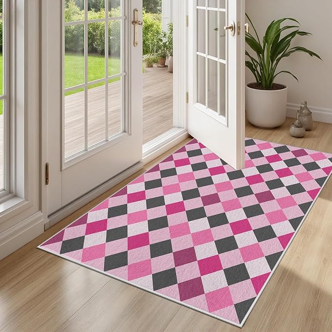Diamond Checkered Rug 2x3, Soft Ultra Soft Faux Wool Abstract Geometric Rugs, Indoor Floor Mats Carpet, Non Slip&Non-Shedding Low Pile Washable Rugs, Modern Red Rug for Bedroom