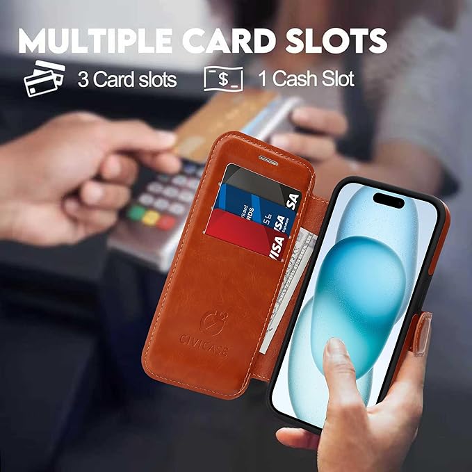 CIVICASE for iPhone 13/iPhone 14 Wallet Case with Stand,PU Leather Flip Credit Card Holder Slots (RFID Blocking),Compatible with Magsafe Magnetic Holder Phone Cover Women Men,Brown