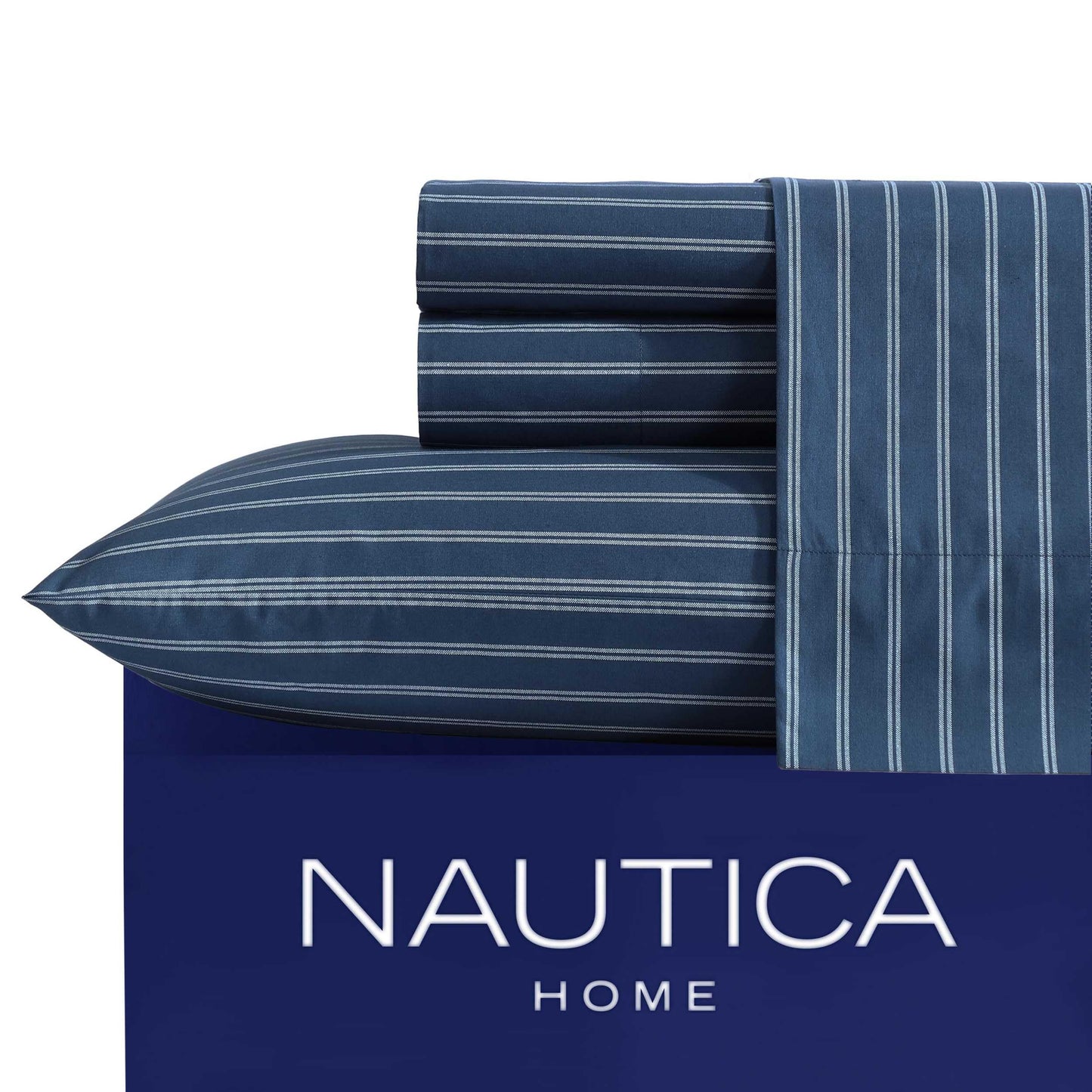 Nautica - Queen Sheets, Premium Cotton Percale Bedding Set, Striped Home Decor, Oeko-Tex Certified (Richmond Stripe Blue, Queen)