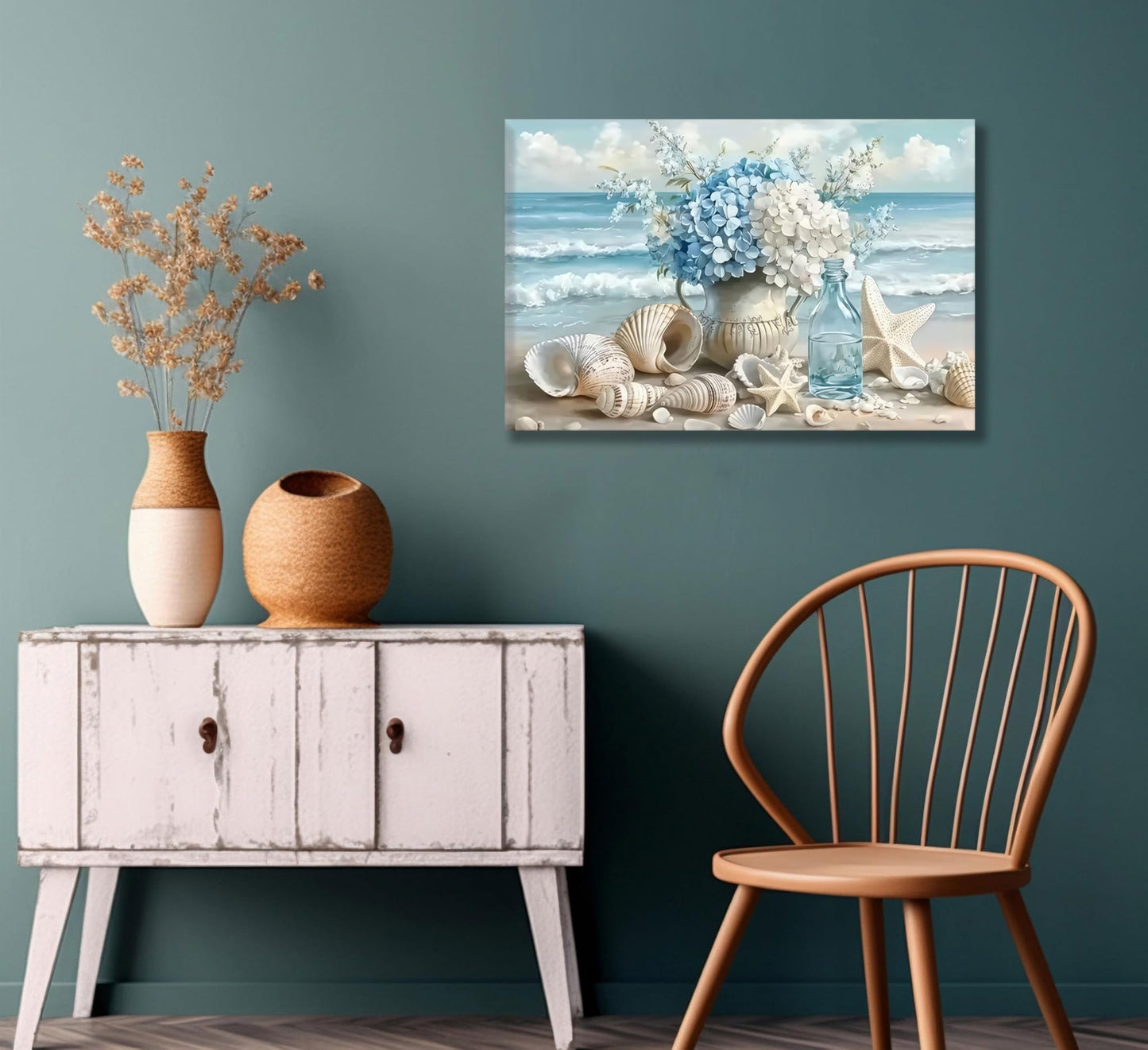 Blue Ocean Beach Wall Art Coastal Bathroom Poster Print Sea Vase Canvas Wall Decor Seaside Seashell Painting Picture for Bathroom Bedroom Living Room Kitchen Office Framed
