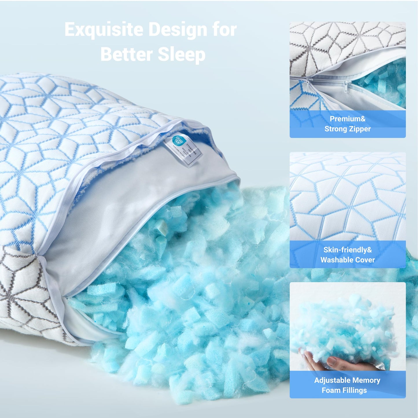 Bed Pillows Queen Size Set of 2,Cooling Pillow Memory Foam Pilows 2 Pack, Adjustable Foam Sleeping Pillows with Washble Pillowcase for Side Back Stomach Sleepers