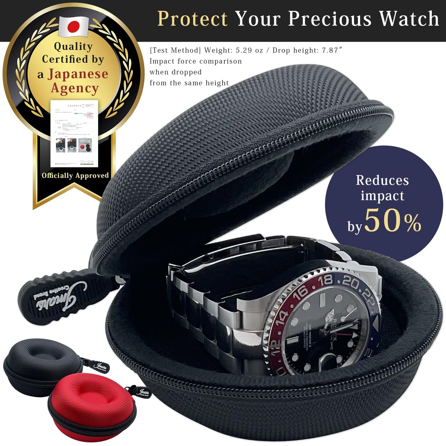 JMARS Watch Travel Case, Shock-Tested Single Watch Case for Wristwatches & Smart Watches, Black