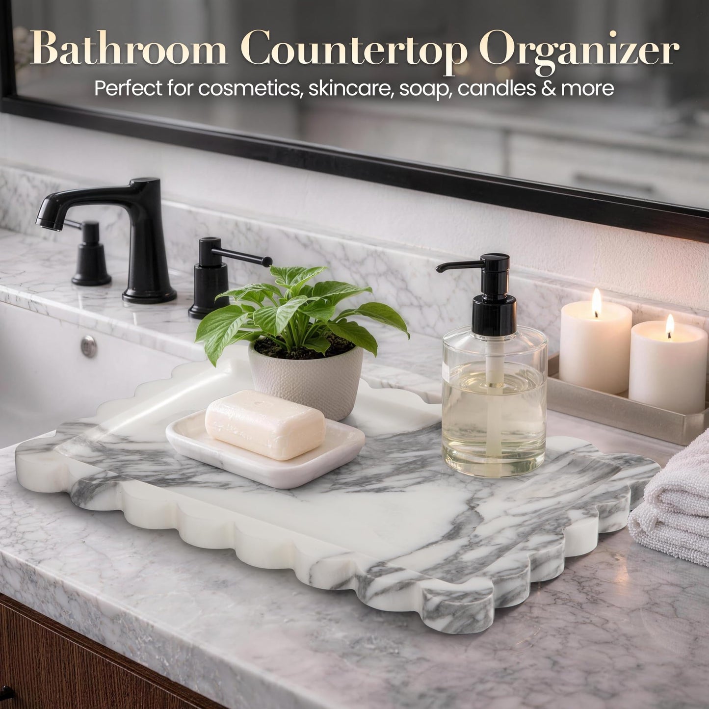 Natural Marble Bathroom Tray, 11.8” x 8" Calacatta Marble Perfume Tray, Black Marble Vanity Tray for Bathroom, Dresser, Kitchen, Cosmetics, Jewelry & Home Decor