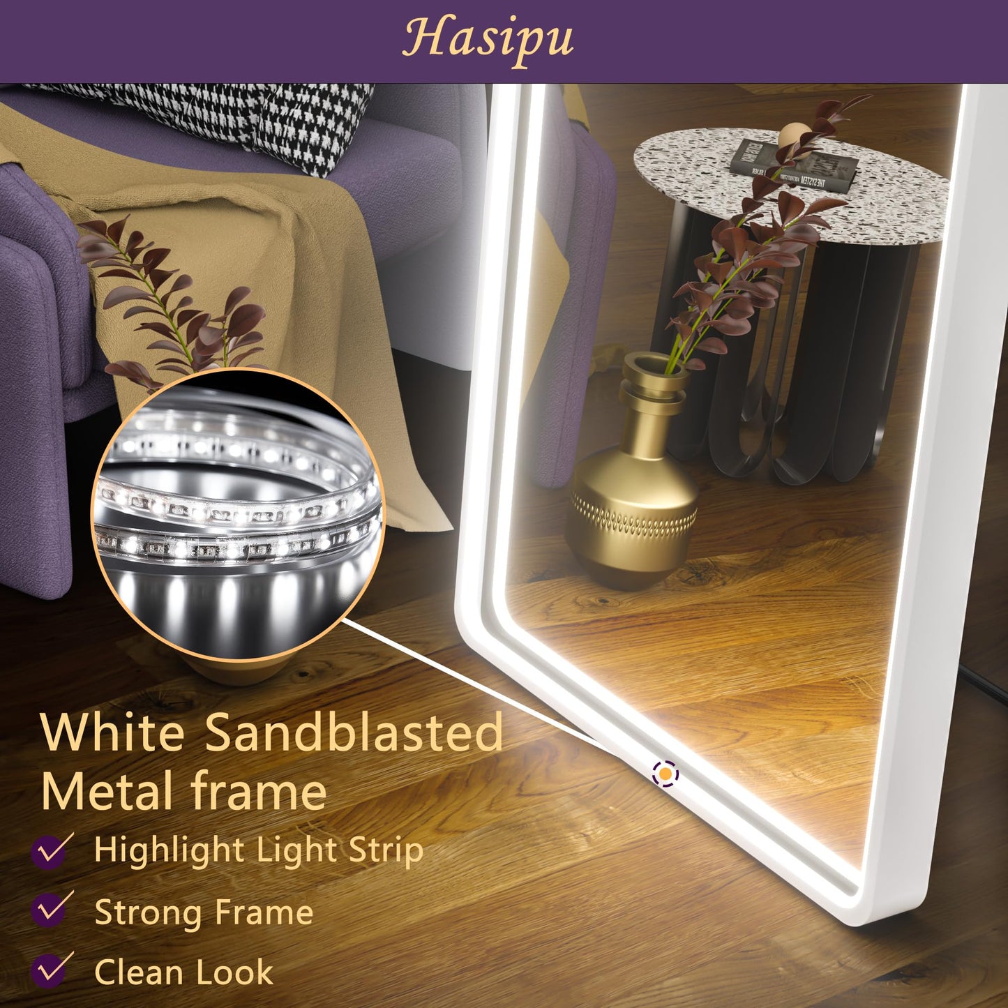 Hasipu Arched Full Length Mirror with Lights, 56" X 16" Lighted Full Body Mirror with Stand, Dimming 3 Colors & Brightness Adjustable, Bedroom Cloakroom Living Room, White Modern Arch Metal Frame