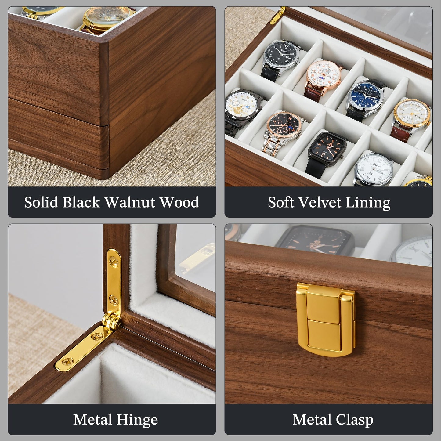 Black Walnut Watch Box for Men, 12 Slot Wooden Watch Organizer with Glass Lid, 2 Layer Watch Display Case with Drawer Jewelry Storage Box, Gift for Husband, Dad, Anniversary, Father’s Day, Women