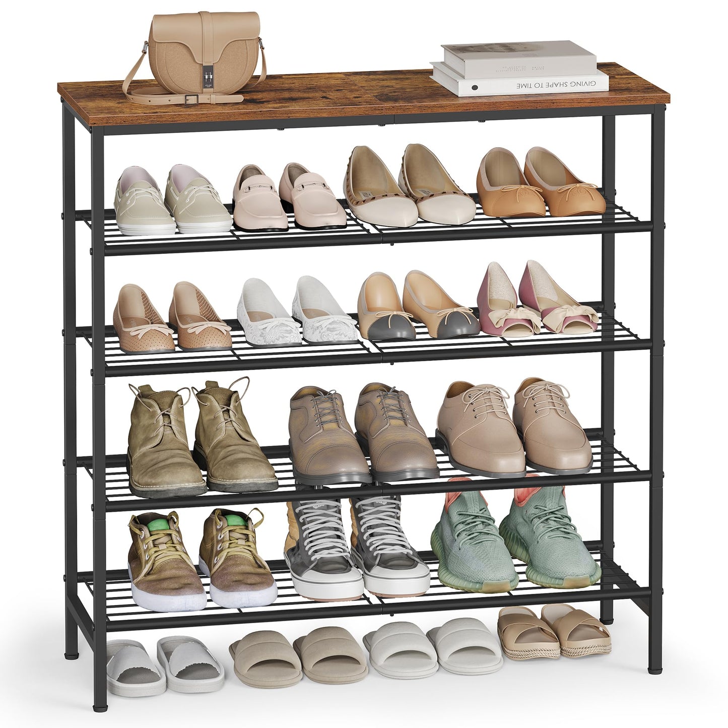 VASAGLE Shoe Rack, Shoe Storage Rack for Closet, Entryway, Living Room, Free Standing Metal Organizer Shelf, 5 Tiers, 11.8 x 29.5 x 34.3 Inches, for 18–24 Pairs, Rustic Brown and Ink Black ULBS050KD01