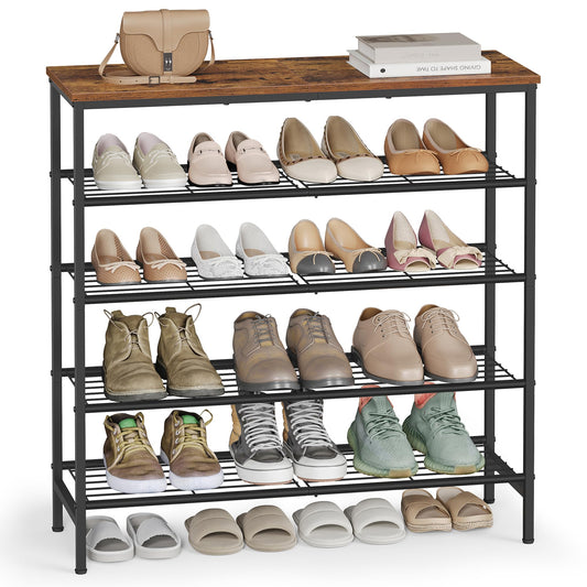 VASAGLE Shoe Rack, Shoe Storage Rack for Closet, Entryway, Living Room, Free Standing Metal Organizer Shelf, 5 Tiers, 11.8 x 29.5 x 34.3 Inches, for 18–24 Pairs, Rustic Brown and Ink Black ULBS050KD01