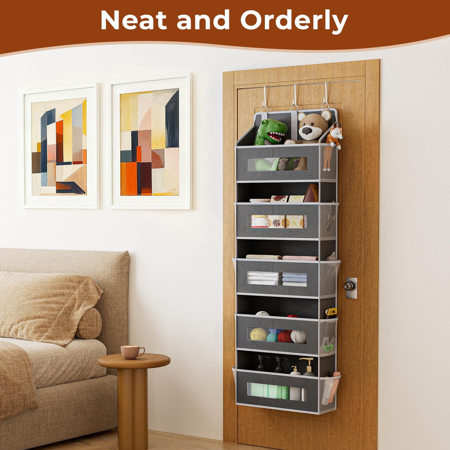 XyVoltic 2 Pack 5 Tier Over The Door Organizer - Large Capacity Behind Door Hanging Shelves with 10 Mesh Pockets and Clear Windows, Closet Organizers and Storage for Bathroom, Bedroom, Nursery, Grey