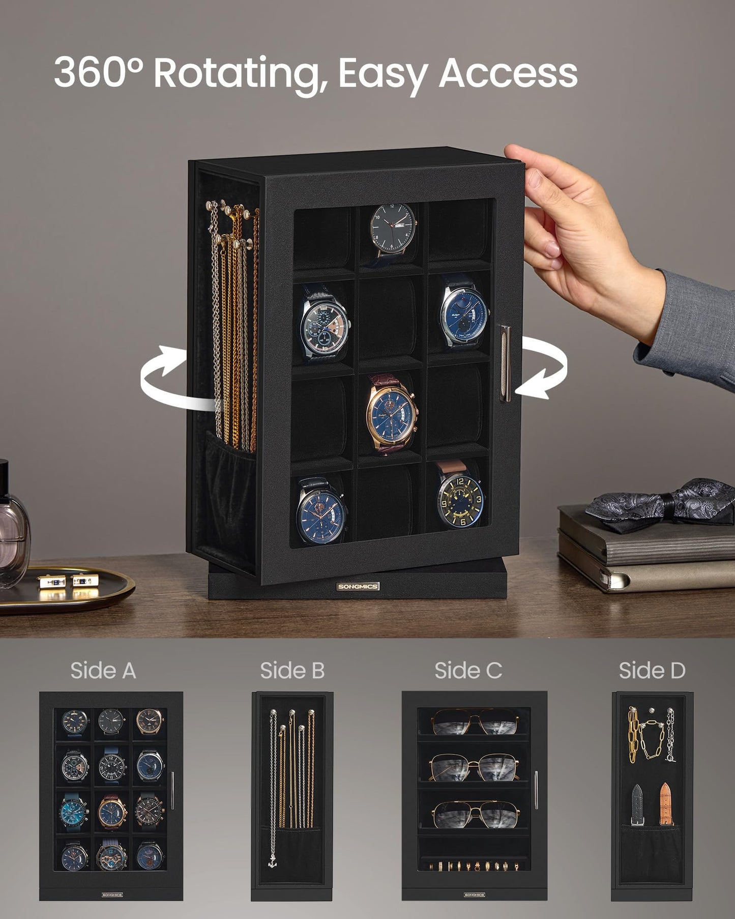 SONGMICS Watch Box 12 Slots with Glass Windows, 360° Rotating Vertical Watch Display Case, Jewelry Sunglasses Ring Storage, 10 Necklace Hooks, Removable Pillows, Velvet Lining, Ink Black UJWB028B01