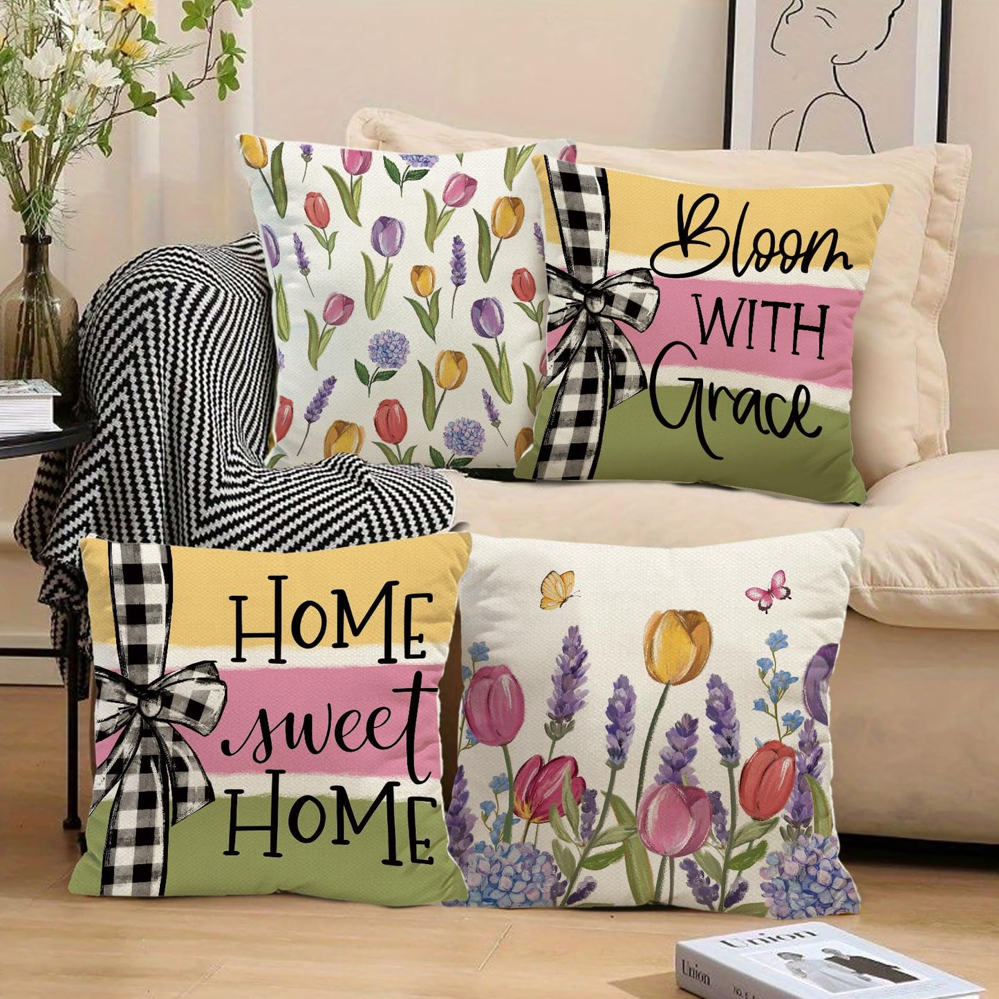 Tikeciti Spring Summer Tulips Pillow Covers Home Sweet Home 18 x 18 Inch Throw Pillows, Hydrangea Floral Farmhouse Seasonal Outdoor Indoor Decorative for Cushion Case Sofa Couch Set of 4