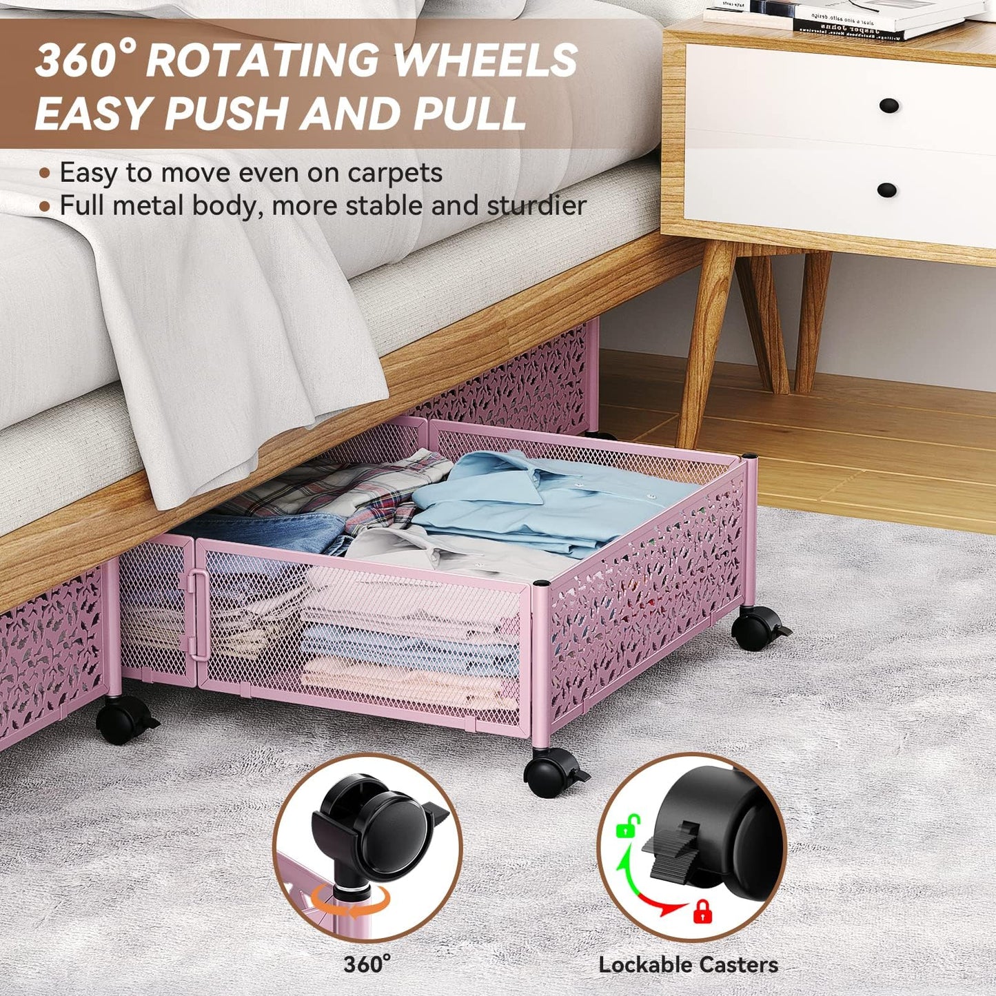 PHINOX Under the Bed Storage Containers with Wheels, Under Bed Storage, Under Bed Shoe Storage Organizer Drawer, Tool-free Assembly Metal Underbed Storage Containers -Pink