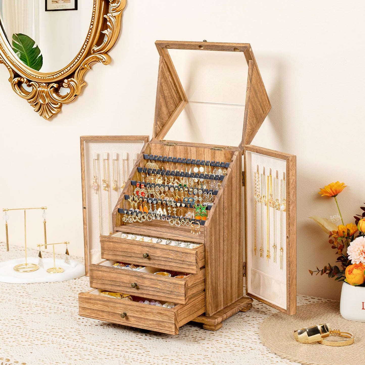 Srillollar Jewelry Box Organizer, Rustic Wooden Jewelry Boxes for Women Girls, Large Storage Earring Holder Organizer Display for Earrings Necklaces Rings Bracelets (Rustic Brown)