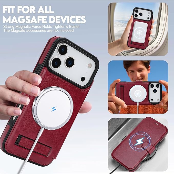 CIVICASE for iPhone 17 Pro Wallet Case with Stand,PU Leather Flip Credit Card Holder Slots (RFID Blocking),Compatible with Magsafe Magnetic Holder Phone Cover Women Men,Wine Red