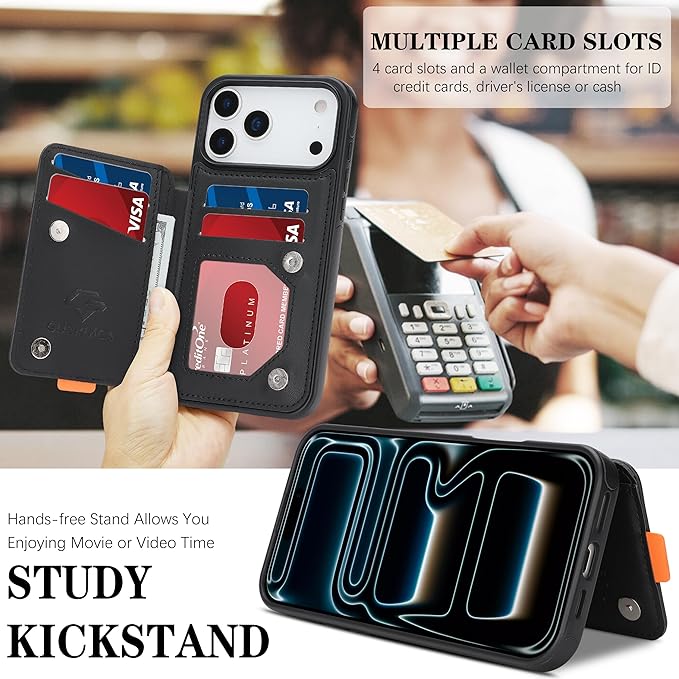 GUERNICA for iPhone 17 Pro Max (6.9") Case Wallet with Card Holder, RFID Blocking Leather Protection, Shockproof Women Men Phone Case for Apple 17 Pro Max, Black