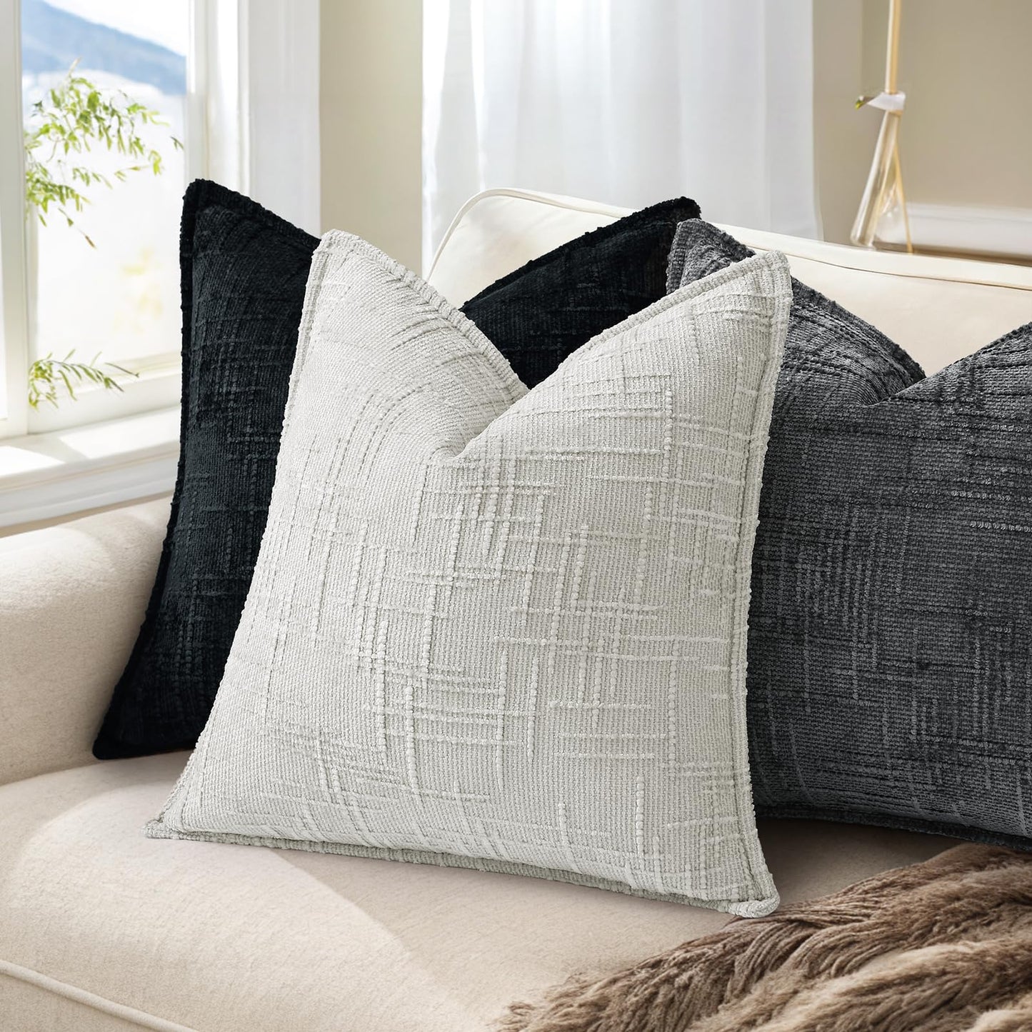 decorUhome Chenille Throw Pillow Covers 26x26 Set of 2, Soft Textured Slubby Modern Decorative Pillow Covers with Elegant Design for Couch, Sofa, Living Room, Black