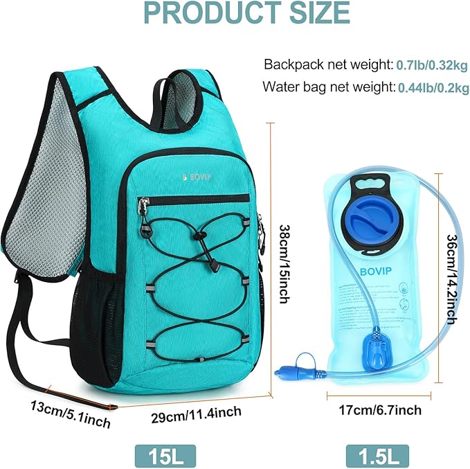 BOVIP Lightweight Hydration Back,15L Multipurpose Hiking Backpack with 1.5L Water Bladder ,Hydro Water Daypack for Cycling Hiking Rave for Men Women