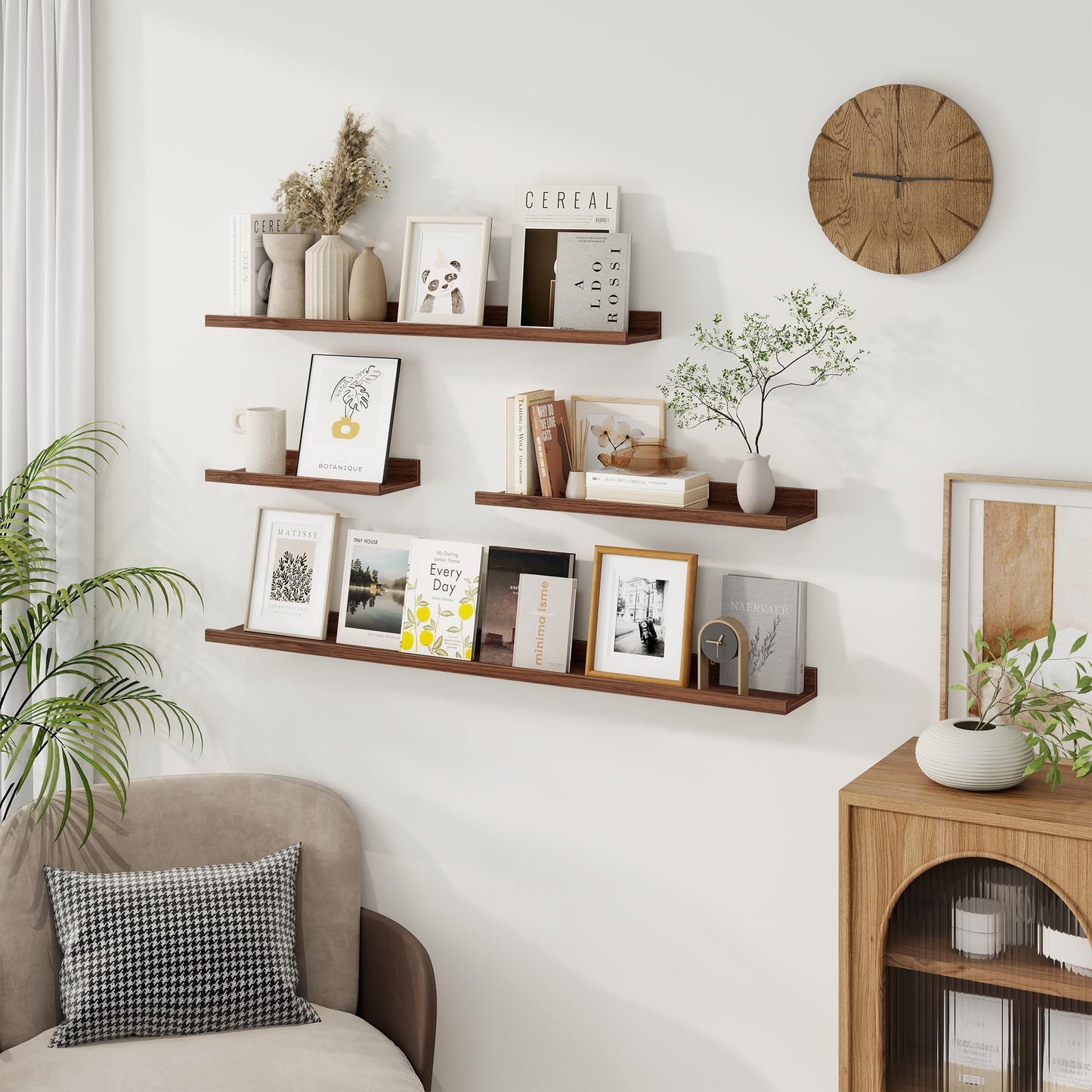 Axeman Picture Ledge Shelf | 16 Inch Walnut Floating Shelves Set of 3 | Rustic Wood Wall Shelves with Lip | 16" Walnut Picture Shelf for Wall with Ledge | Photo Shelves