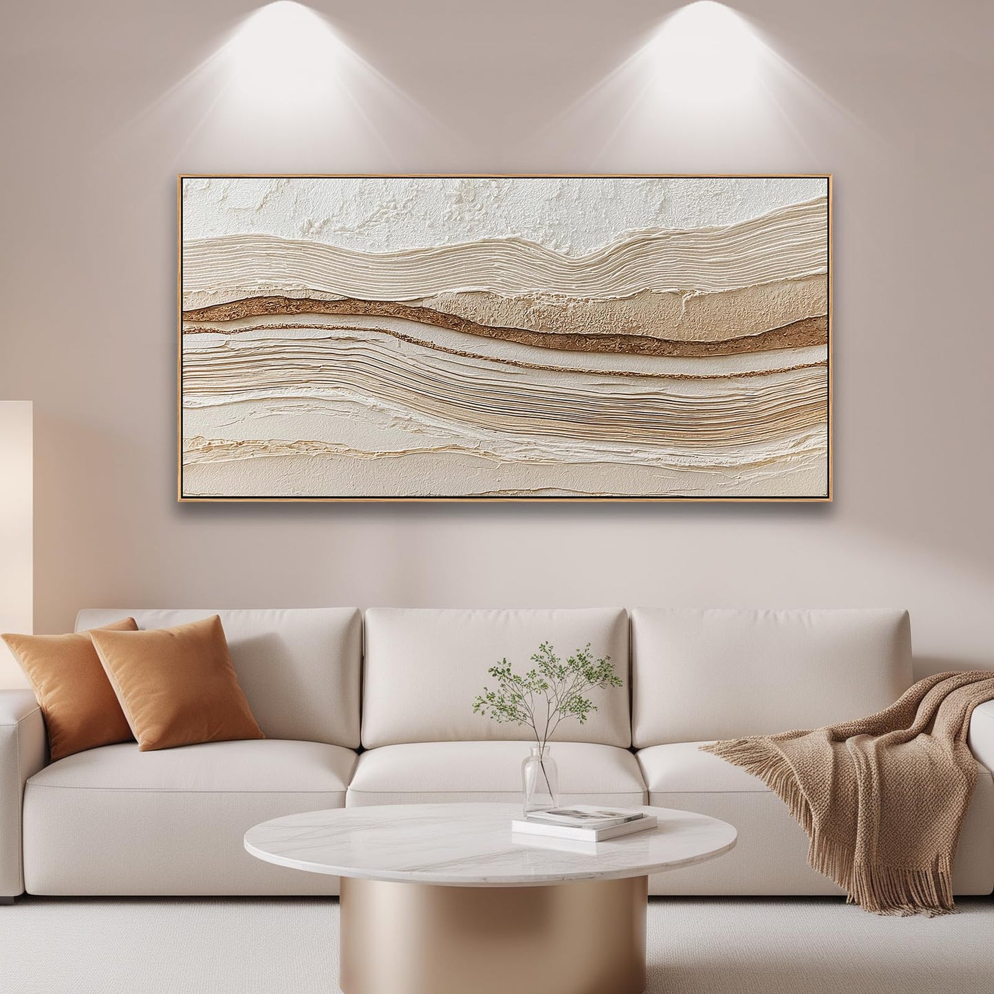 Sorbrozo 3D Abstract Textured Wall Art 24x48 Inch Framed Neutral Beige and Gold Wavy Landscape Canvas Print Modern Decor for Living Room Bedroom & Office