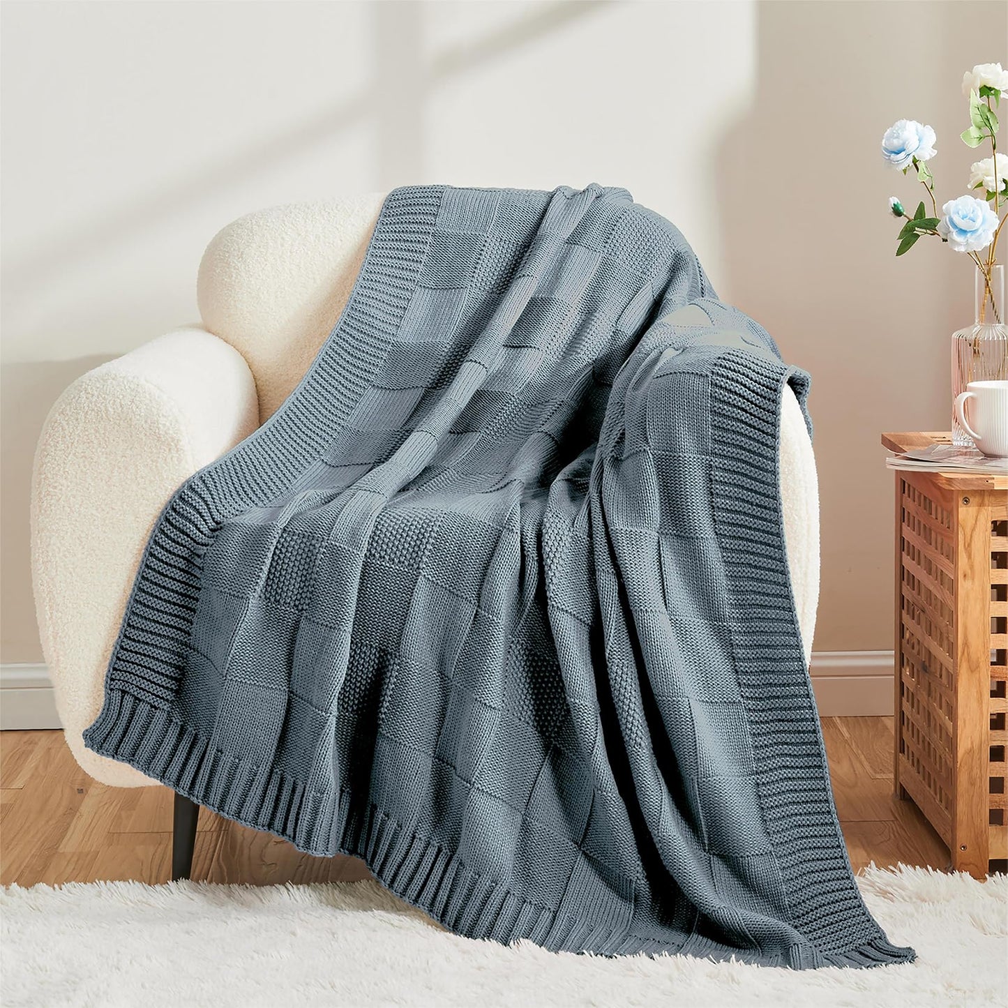 CozeCube Check Knit Throw Blanket, Dusty Blue Checkered Throw for Couch, Decorative Christmas Soft Cozy Warm Knitted Blanket for Bed Sofa Living Room, 50"X60"
