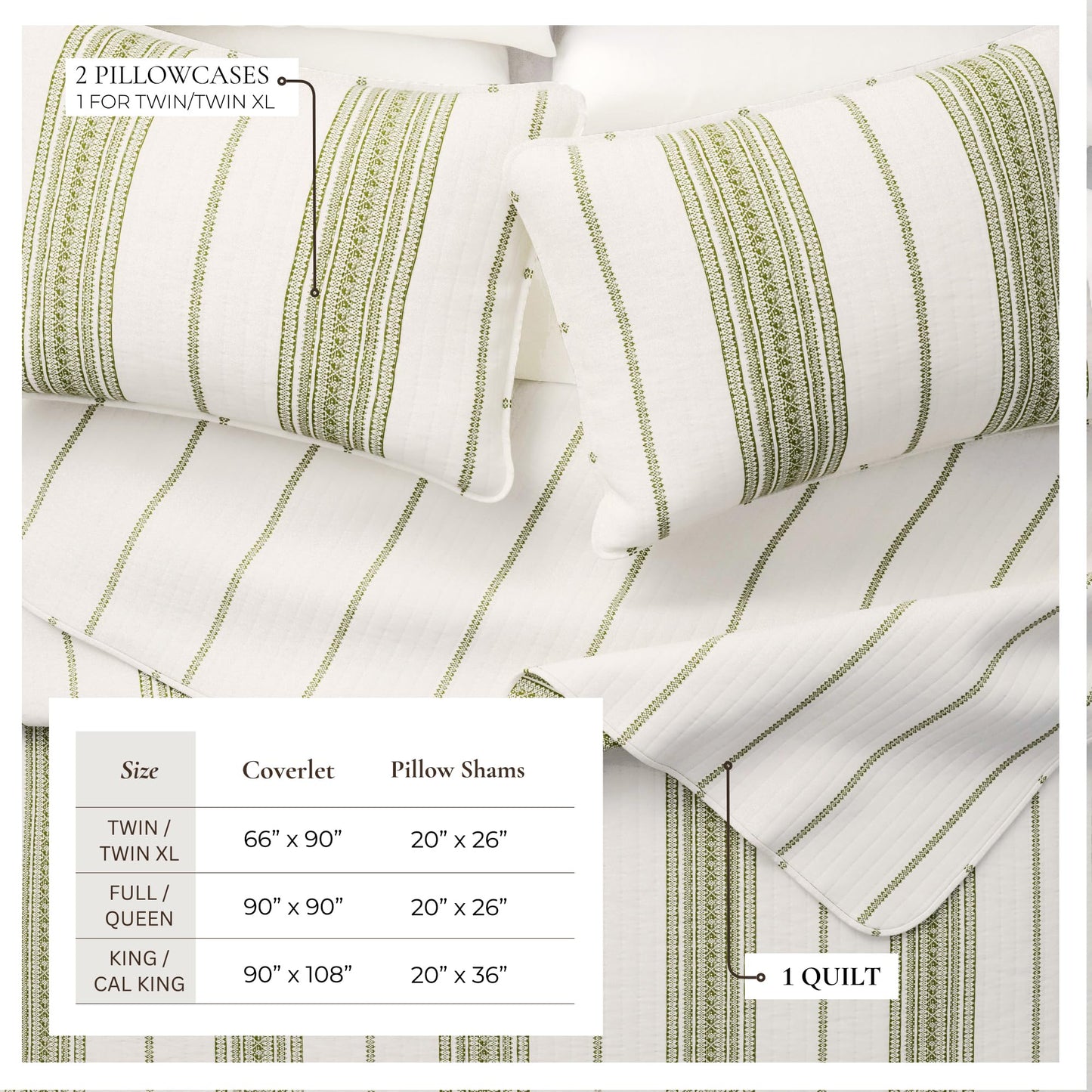 Great Bay Home Striped Quilt Set - 3-Piece Full/Queen Size Farmhouse Bedding Set - Lightweight, All-Season, Reversible Bedspread (Cream/Green)